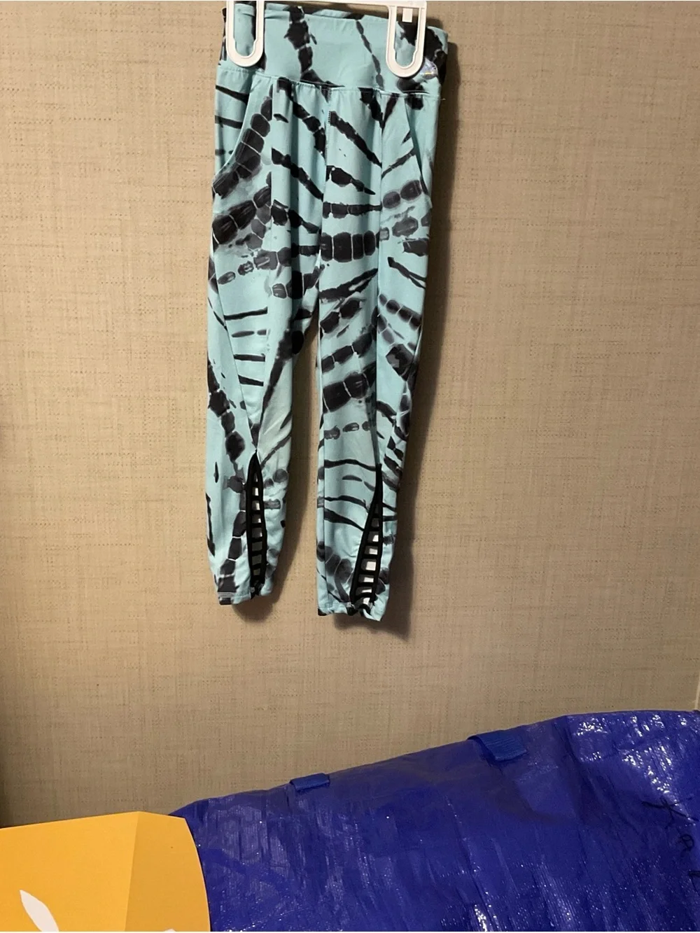 Justice Kids Tie-Dye Leggings in Light Blue and Black with Ladder Cutouts